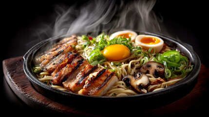 Hot ramen bowl with pork and egg