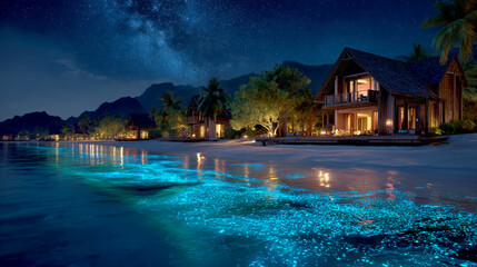 Beachfront resort with glowing ocean waves