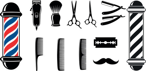 Set of 12 barbershop icons isolated on white background. 12 Barbershop and haircuts salon design elements