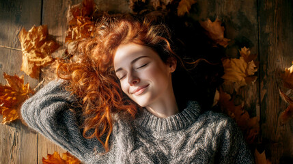 Young woman smiling peacefully on autumn leaves