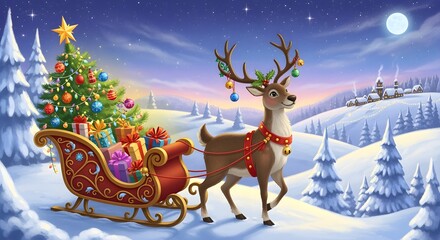 Whimsical illustration of a reindeer carrying boxes of Christmas decorations.