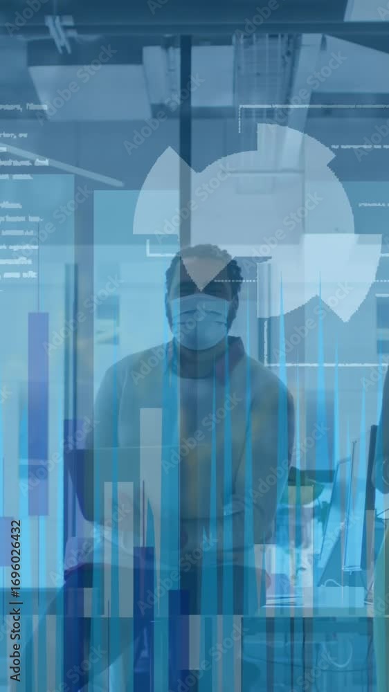 Poster Animation of data processing over diverse business people with face masks