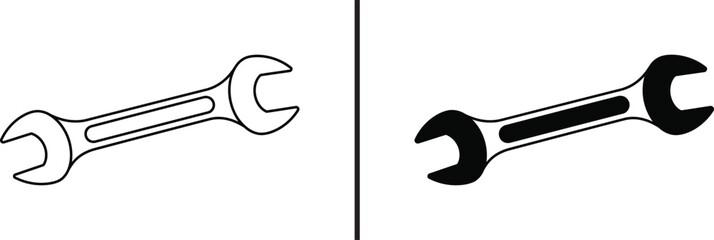 Wrench Icon Set: Two minimalist icons of a wrench, one outlined and the other solid black, symbolize tools and mechanics with a graphic design approach.