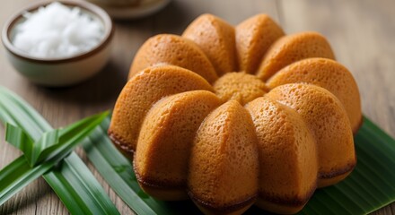 Delicious homemade fluted cake, a traditional Asian delicacy, presented with fresh grated coconut and aromatic pandan leaves