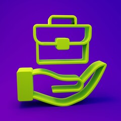 Obraz premium Green Hand holding briefcase icon isolated on purple-blue background. Insurance concept. Security, safety, protection, protect concept. Minimalism concept. 3D render illustration