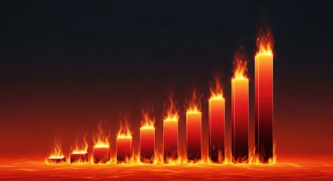 Bar chart on fire, illustrating a rapidly increasing trend or a volatile market situation