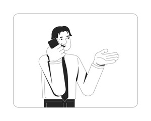 Smiling asian office worker holding phone conversation 2D line character. Business call. Corporate man speaking with smartphone isolated vector ink outline person. Monochromatic spot illustration