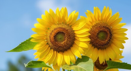 Fototapeta premium Two Vibrant Sunflowers in Bloom Against a Blue Sky
