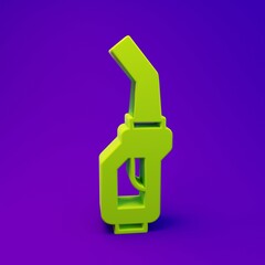 Green Gasoline pump nozzle icon isolated on purple-blue background. Fuel pump petrol station. Refuel service sign. Gas station icon. Minimalism concept. 3D render illustration