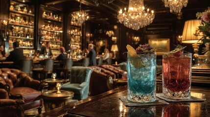 Two colorful cocktails on a bar in a luxury hotel