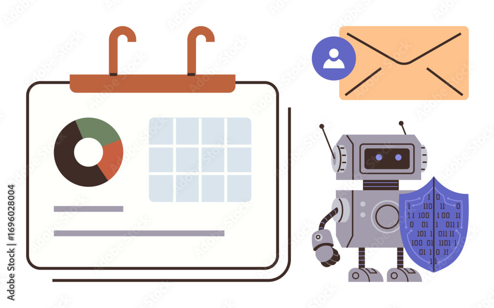 Poster robot holding a shield, a calendar with data visualization, and an email icon symbolizing technology