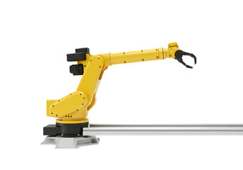 Fototapeta premium Yellow Industrial Robotic Arm on White Surface Automation Technology isolated on transparent background