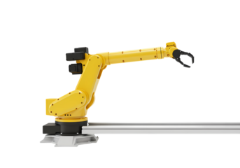 Yellow Industrial Robotic Arm on White Surface Automation Technology isolated on transparent background