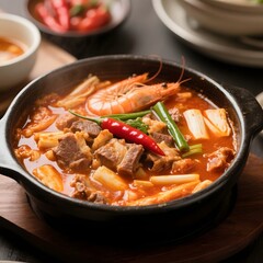 4k high quality Ai generative HD art photo realistic sell selling menu restaurant cafe Korean food chicken stew soup hot bowl kimchi jjigae pan napa cabbage beef seafood shrimp