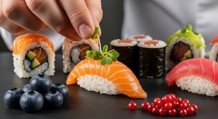 Sushi Chef Garnishing Nigiri with Microgreens, Japanese Cuisine