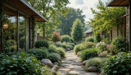 Inviting stone pathway leading to a charming country house, serene escape tranquil