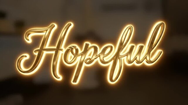 The inspirational word 'Hopeful' is written in a shiny, golden cursive script with a warm, luminous glow.