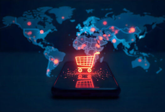 Smartphone Displaying Shopping Cart Icon Over World Map with Glowing Connections online shopping e-commerce