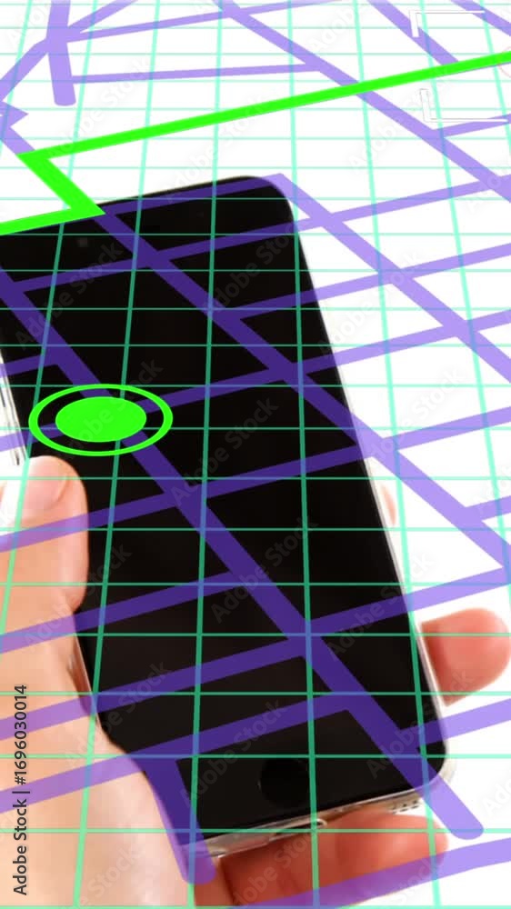 Poster navigation map line scheme against close up of a person's hand using a smartphone