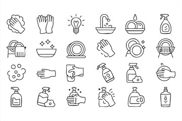 Vector Illustration of Dishwashing and Cleaning Icons for Housekeeping and Kitchen Maintenance