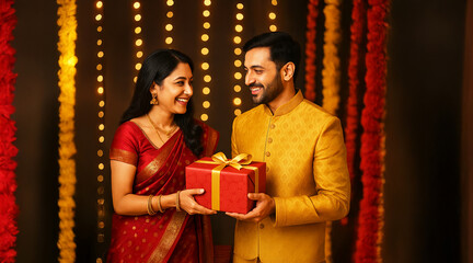 Happy Couple Celebrating Diwali with Traditional Gift Exchange