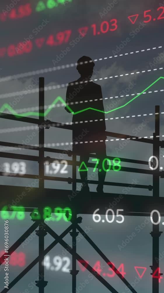Poster animation of female architect on scaffolding, financial data processing and statistics