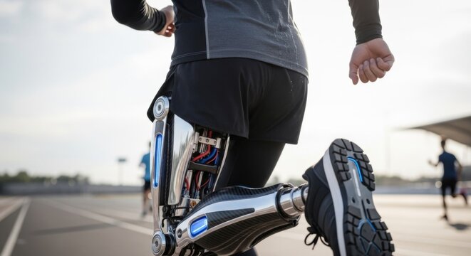 A runner with a prosthetic leg sprints forward on a track, showcasing technology.