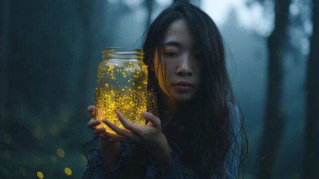 Woman holding fireflies jar with magical forest night.