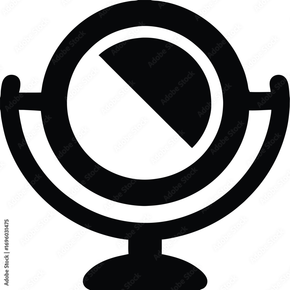 Poster a simple black silhouette vector icon of a round mirror mounted on a stand with two arms supporting 