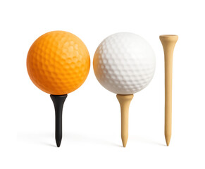 Two golf balls on tees one orange one white plus an extra tee