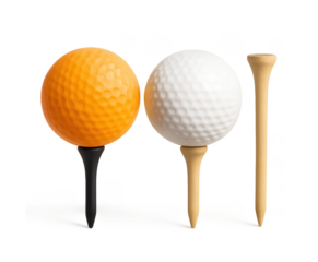 Two golf balls on tees one orange one white plus an extra tee