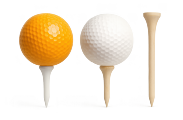 Two golf balls on tees one orange one white plus a wooden tee