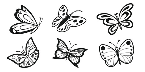 Six Stylized Black and White Butterfly Illustrations.