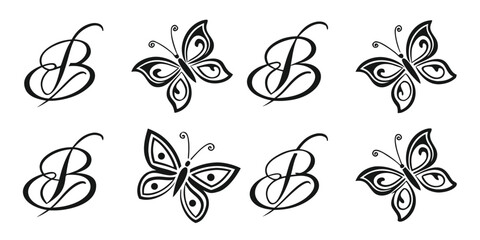 Elegant Calligraphy Letter B with Butterfly Designs.