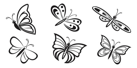Six Stylized Black and White Butterfly Illustrations.