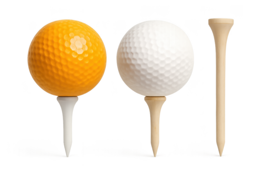 Two golf balls on tees one orange one white plus a wooden tee