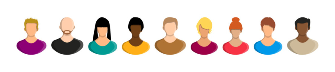 Obraz premium Diverse group of men and women avatars in flat style. Various people profile icon set. User pictures for social media.