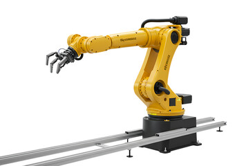 Yellow Robotic Arm on Conveyor Belt isolated on transparent background