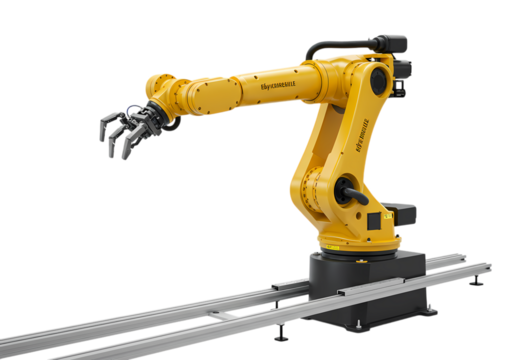 Yellow Robotic Arm on Conveyor Belt isolated on transparent background
