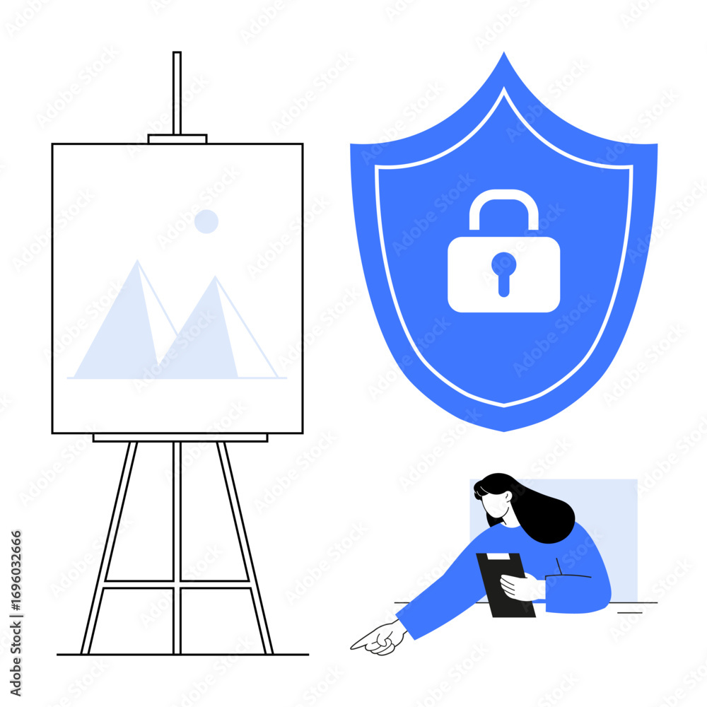 Poster shield with lock symbolizing cybersecurity, easel with artwork, and individual using tablet device. 