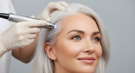 Naklejka premium Woman receiving a scalp treatment from a professional in a clinic.