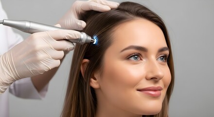 Woman receiving a scalp treatment from a professional in a clinic.
