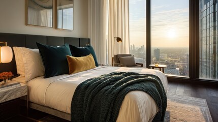 Modern bedroom with city view at sunrise