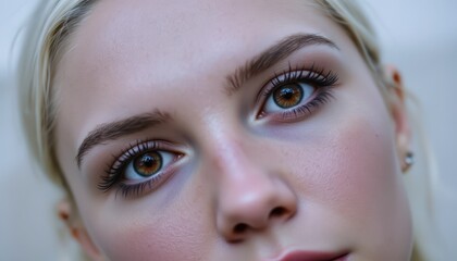 Naklejka premium Mesmerizing beauty, a portrait of woman with striking blue eyes and soft pink lips
