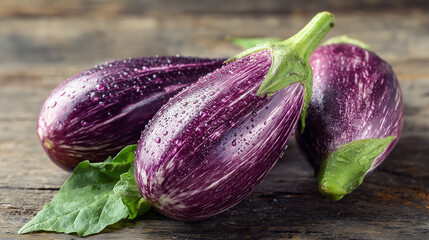 Vibrantly colored purple eggplants, complemented by vibrant green leaves and a rustic wooden backdrop, creating a natural and organic aesthetic perfect for fresh food concep