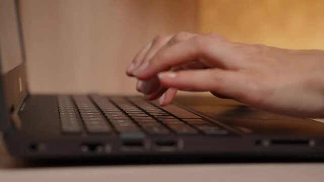 Side view of a woman working on a laptop in a cozy room. Hands typing on keys, soft warm lighting, minimal workspace. Theme of home office, texting, messaging, online work, digital communication.