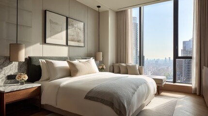 Modern, luxurious hotel bedroom with city view