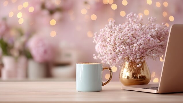 Light-pink bokeh background, light-blue mug, gold vase, pink flowers, laptop