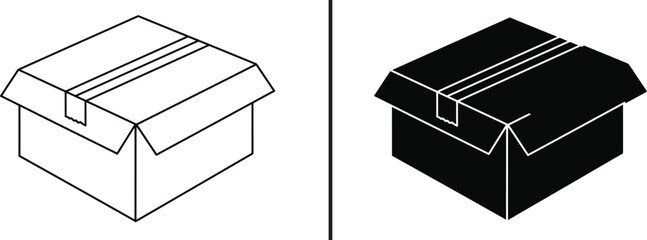 Cardboard Box: A graphic illustration of two cardboard boxes, one outlined and the other solid, symbolizing storage and transit for delivery and transport