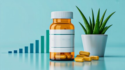 Medicine bottle with capsules and growing bar chart symbolizing healthcare success
